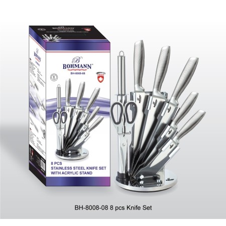 Set de cutite Bohmann inox turnat 8 piese, Foarfeca si Dispozitiv de Ascutit, Suport inclus, argintiu