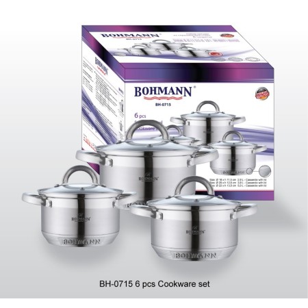 Set oale inox 6 piese Bohmann, 5.0L 3.9L 2.9L, 7 straturi, compatibil cu inductie, capace sticla inox