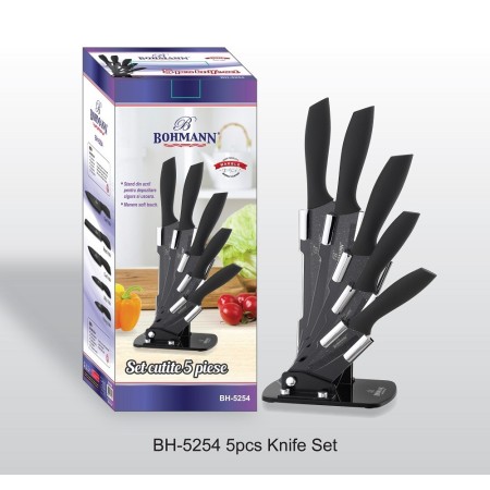 Set de 5 cutite din inox cu suport acrilic si manere soft-touch, Bohmann