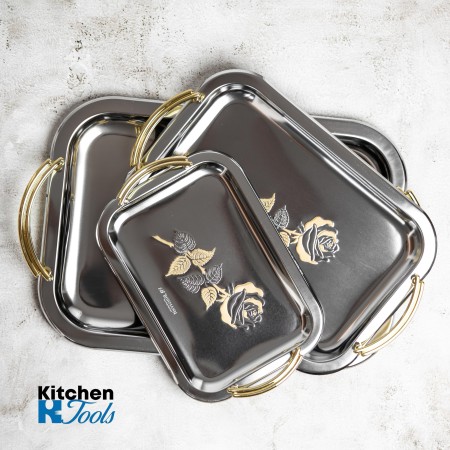 Set tavi Bohmann din inox pentru servire, manere gold, model: trandafir