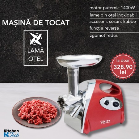 Masina de tocat carne cu accesoriu rosii Voltz, 1400W, Reverse, Accesorii pentru sosuri si Kubbe, Rosie