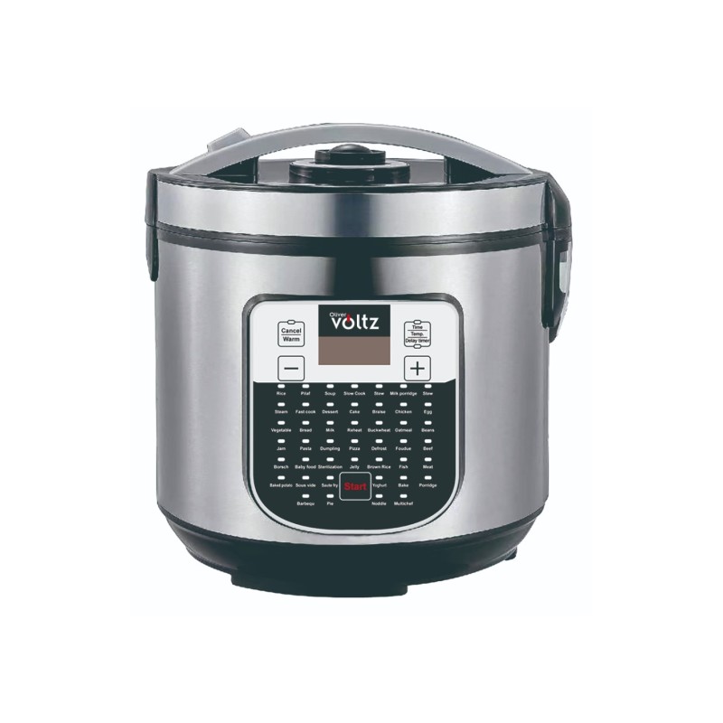 Multicooker cu gatire sub presiune, 5 litri, 900W, 45 programe, mentine cald, acoperire antiaderenta, gatire multilevel, Inox