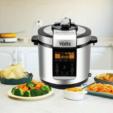 Multicooker cu gatire sub presiune, 6 litri, 1000W, 9 programe, mentine cald, acoperire antiaderenta, gatire multilevel, Inox