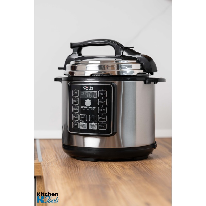 Multicooker cu gatire sub presiune, 6 litri, 1000W, 9 programe, mentine cald, acoperire antiaderenta, gatire multilevel, Inox