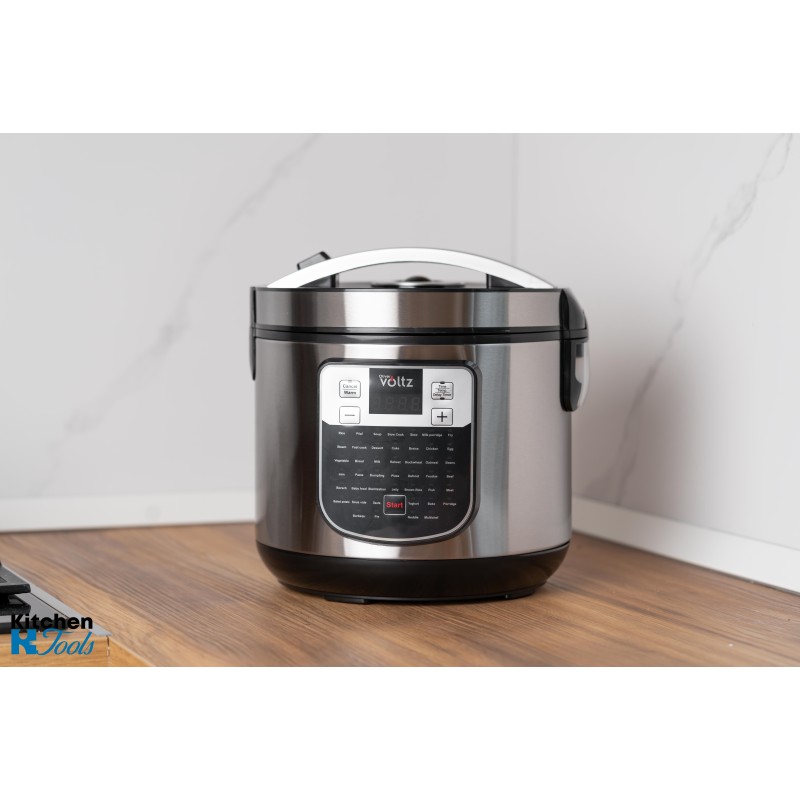 Multicooker cu gatire sub presiune, 5 litri, 900W, 45 programe, mentine cald, acoperire antiaderenta, gatire multilevel, Inox