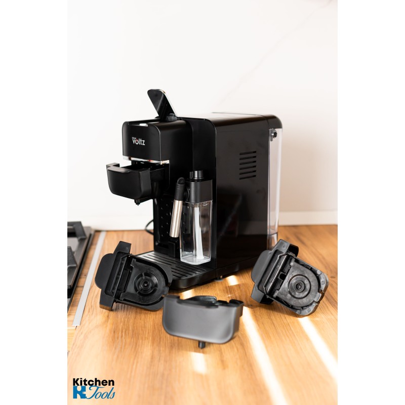 Espressor electric premium 5 in 1, capsule/cafea macinata, 1350W, spuma lapte, 20bar, Oliver Voltz, negru