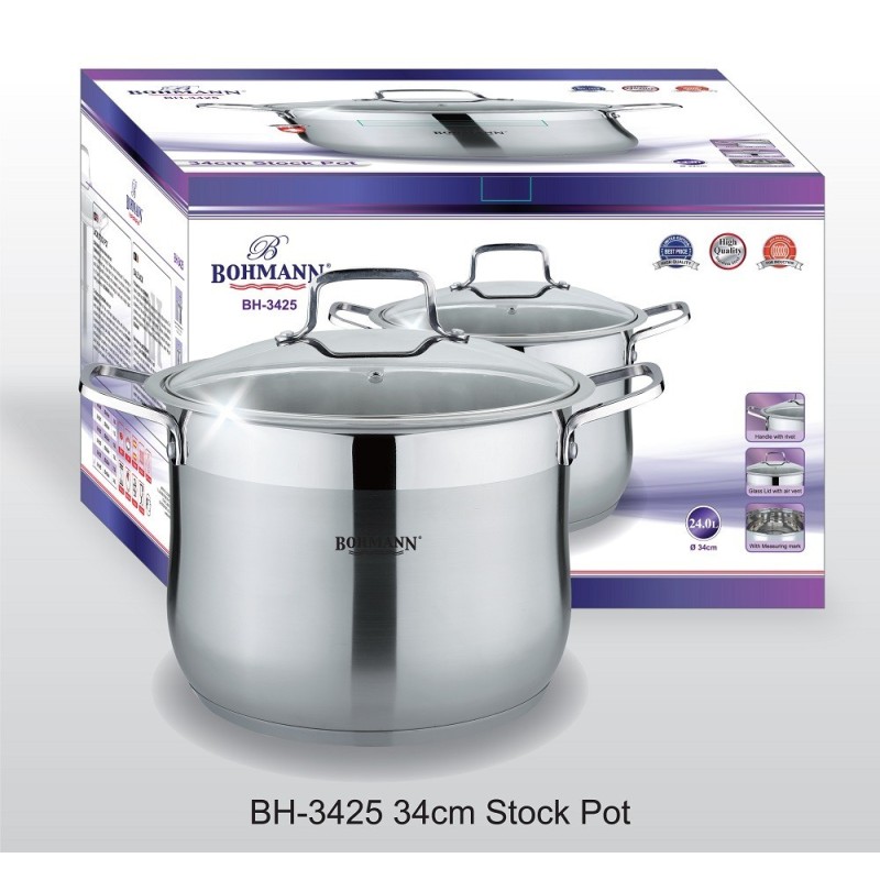 Oala din inox cu capac din sticla, 15L, Dimensiuni Ø28 x 23 cm, Compatibilă cu Inducție, Bohmann